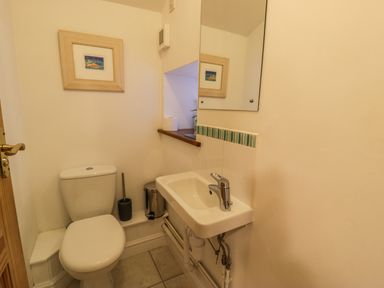 A small bathroom with a toilet and a small sink with a mirror above at Y Bwthyn Elidir Fach Mountain near Llanberis