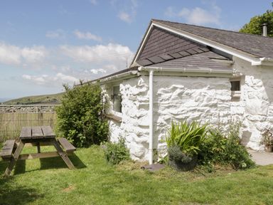 A wooden picnic table on grass next to a white stone cottage with plants around at Y Bwthyn in Elidir Fach Mountain near Llanberis