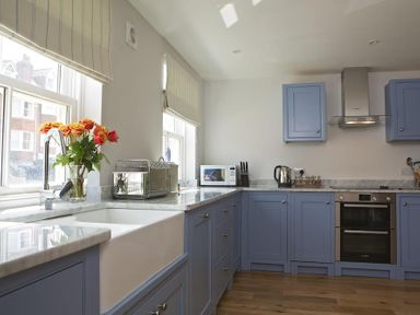 A kitchen with blue cabinets a sink oven microwave and flowers on the counter at 3 Eddystone Row in Salcombe