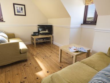 A living room with two yellow sofas a small wooden coffee table with a magazine and a TV on a wooden stand near a window at 4 Armada House in Hope Cove