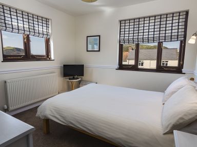 A bedroom with a double bed a small TV on a side table and two windows with checked blinds at 4 Armada House in Hope Cove