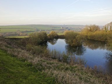 A pond surrounded by bushes and trees with green fields and hills in the background at Cowslip Cottage in Frogmore