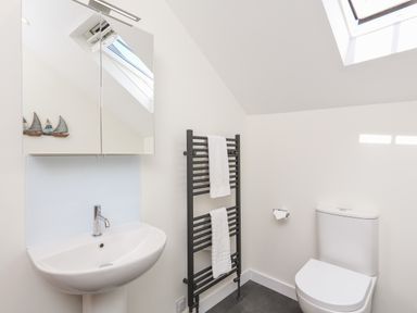 A bathroom with a sink and mirror cabinet a heated towel rail with towels a toilet and a skylight window at Cowslip Cottage in Frogmore