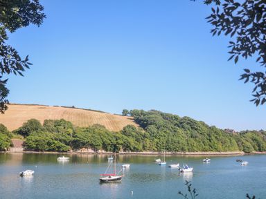 Several boats anchored on a river with forested and open hills in the background at Sea Peep in Thurlestone