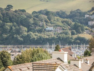 A hillside with houses and trees overlooking a marina with boats at Amberley in Dartmouth