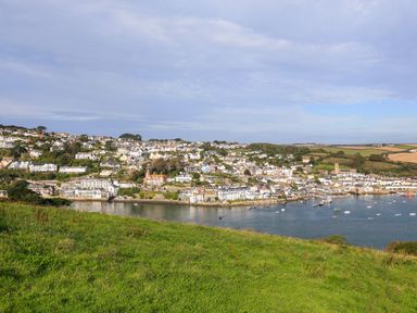 A coastal town with houses along a bay and green fields in the foreground at Bow Cottage in East Portlemouth