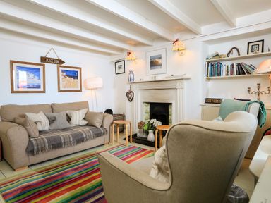 A living room with a sofa, armchair, colorful striped rug, fireplace, bookshelf, and framed pictures at Bow Cottage in East Portlemouth