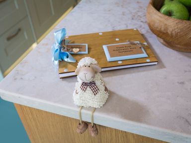 A stuffed sheep doll sitting on a kitchen countertop next to a guest book and a wooden bowl with green apples at Butterwell Barn in Dartmouth