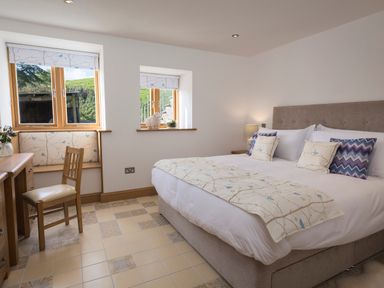 A bedroom with a bed, bedside lamp, desk, chair, two windows, and patterned cushions at Butterwell Barn in Dartmouth