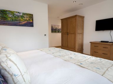 A bedroom with a bed a wooden wardrobe a chest of drawers and a wall-mounted television at Butterwell Barn in Dartmouth