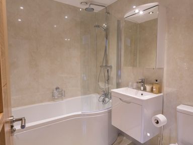 A bathroom with a bathtub shower combination a sink with a mirror cabinet and a toilet at Butterwell Barn in Dartmouth