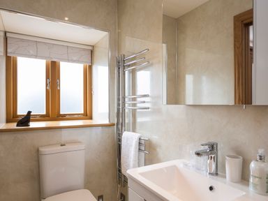 A bathroom with a toilet sink mirror window and towel rack at Butterwell Barn Dartmouth