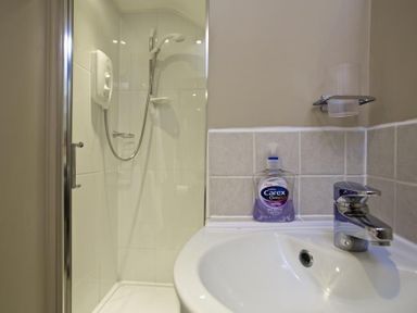 A bathroom with a shower enclosure a sink a faucet a hand soap bottle and a wall-mounted glass holder at Cloverwell in Woodleigh