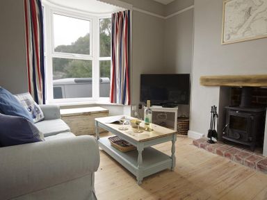A living room with a sofa a coffee table a television and a wood stove at Crab Cottage in Salcombe