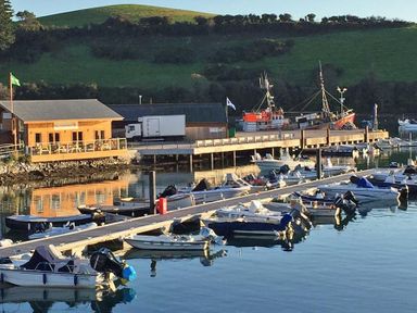 A harbor with boats docked next to a wooden building and a quay with green hills in the background at Crab Cottage in Salcombe
