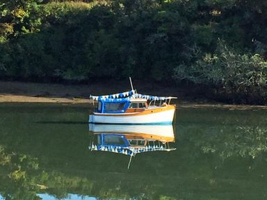 A boat with blue and white bunting on still water near a wooded shoreline at Crab Cottage in Salcombe