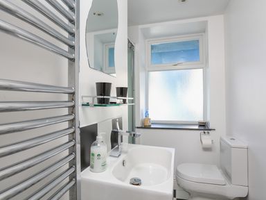A bathroom with a sink a toilet a window and a heated towel rail at Edinburgh House in Salcombe