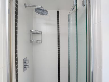 A shower area with a rain shower head and glass door with black tiled vertical strips at Edinburgh House in Salcombe