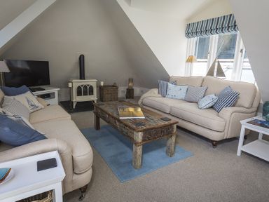 A living room with two beige sofas a wooden coffee table a wood stove and a television at Gooder House in Dartmouth