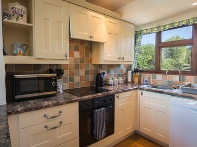 A kitchen with cream cabinets a microwave oven stovetop kettle and sink by a window at The Granary Malborough