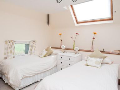 A bedroom with two single beds, a white dresser between them, flowers in vases on a shelf, a skylight and a small window at Hazel Cottage in Malborough