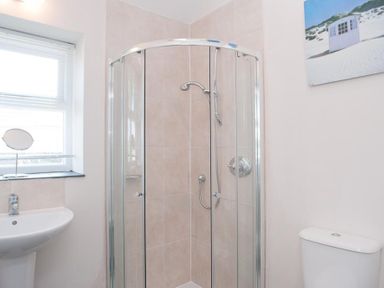 A bathroom with a shower enclosure sink and toilet at Hazel Cottage in Malborough