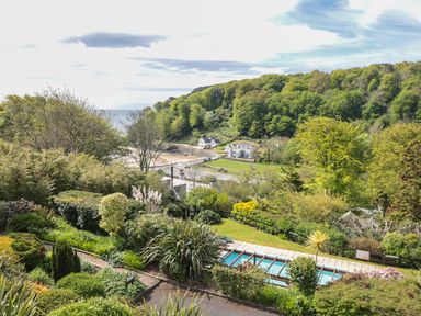 A garden with various plants and bushes a rectangular swimming pool and houses near a forested hillside at The Hoot 16 St Elmo Court in Salcombe