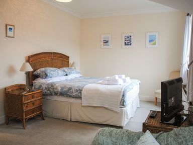 A bedroom with a double bed with blue bedding a bedside table with a lamp a television on a wicker stand and framed pictures on the wall at The Hoot 16 St Elmo Court Salcombe