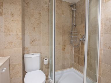 A bathroom with a toilet and a glass-enclosed shower with tiled walls at Jot Cottage in Salcombe