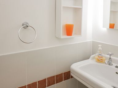A bathroom sink with a soap dispenser and a towel ring on the wall above brown and white tiles at Lee Shore in Salcombe