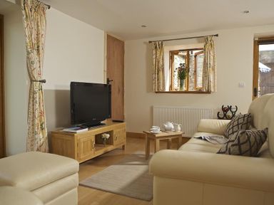 A living room with a sofa, wooden TV stand, TV, small coffee table with tea set, floral curtains, and a window with flowers at Meadow View in Modbury