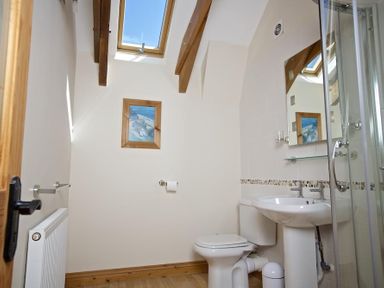 A bathroom with toilet sink mirror radiator and skylights at Meadow View in Modbury