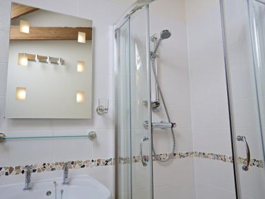 A bathroom with a shower enclosure a wall mirror and a sink at Meadow View in Modbury