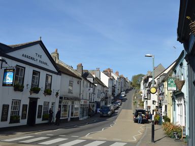 A street with parked cars and shops on both sides including The Assembly Rooms at Meadow View in Modbury