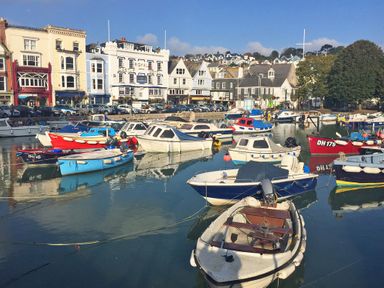 A harbor with various small boats docked and buildings in the background at The Old Wash House in Dartmouth