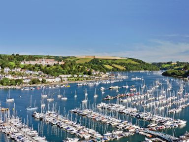 A harbor with many boats and yachts on water near a town with hills in the background at The Old Wash House in Dartmouth