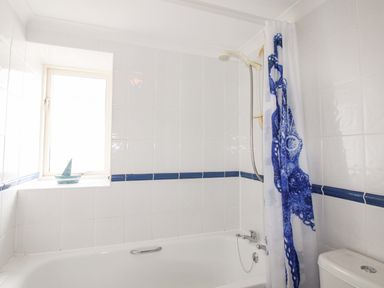 A bathroom with a bathtub and shower curtain at Orchard Barn Salcombe