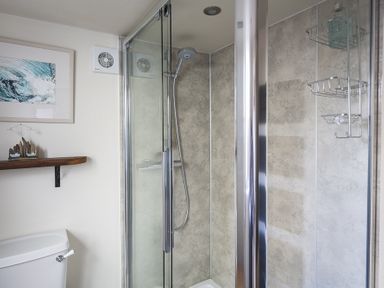 A bathroom with a glass shower enclosure a showerhead a toilet a wooden shelf with decorations and a framed wave picture on the wall at Pixie Cottage in Dartmouth