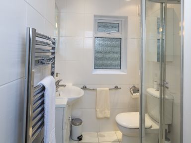 A bathroom with a sink a toilet a towel rail and a shower at Prospects in Salcombe