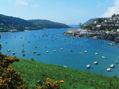 A coastal town with boats on the water and houses on hills at Prospects in Salcombe