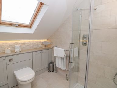 A bathroom with a toilet, a glass shower enclosure, a towel radiator with a white towel, cabinets, and a skylight window at Raleigh House in Salcombe