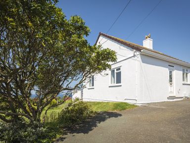 Exterior view of a white single-story house with windows and a front door next to a large tree and garden at Seaspray Bigbury-on-Sea