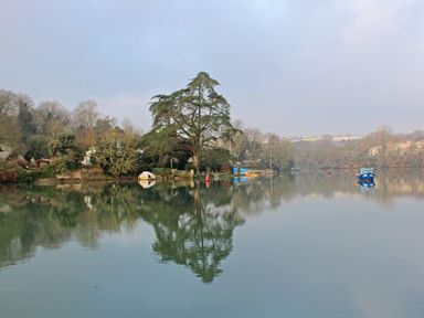 A river with trees along the bank and a blue boat on the water at Seaspray Bigbury-on-Sea