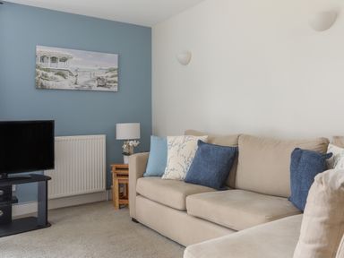 A living room with a beige sofa with blue and white pillows a black TV on a stand a wooden side table with a lamp and flowers and a radiator on a blue and white wall at Stable End Cottage Malborough