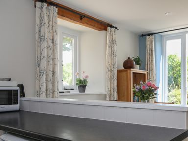 A kitchen counter with a microwave and flowers on a windowsill at Stable End Cottage in Malborough