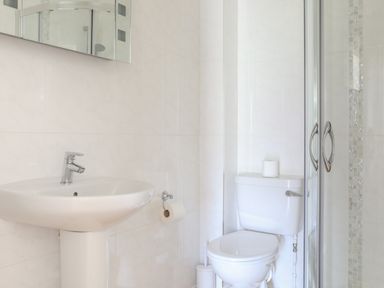 A bathroom with a sink toilet shower and toilet paper at Stable End Cottage in Malborough