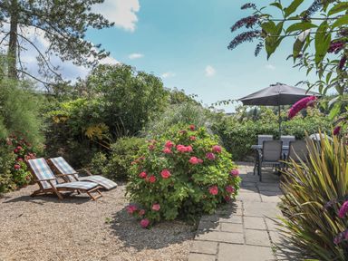 An outdoor garden with lounge chairs and a dining table with an umbrella at Stable End Cottage in Malborough