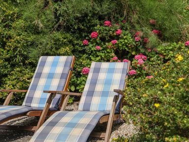 Two wooden garden loungers with blue and white striped cushions in a garden with pink flowers and green foliage at Stable End Cottage in Malborough