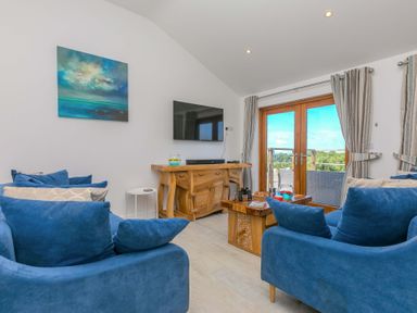 A living room with a television and sofa at Mellydonen Beder Del (Melly), Tor Down Quarry, St Breward