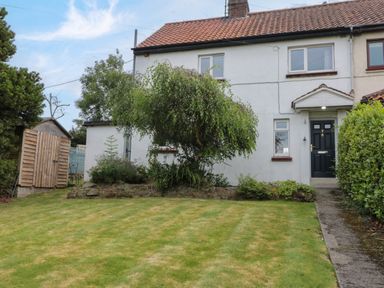 A front yard with a tree a lawn a pathway and a wooden shed in front of a white house at 7 Dale End Danby near Castleton